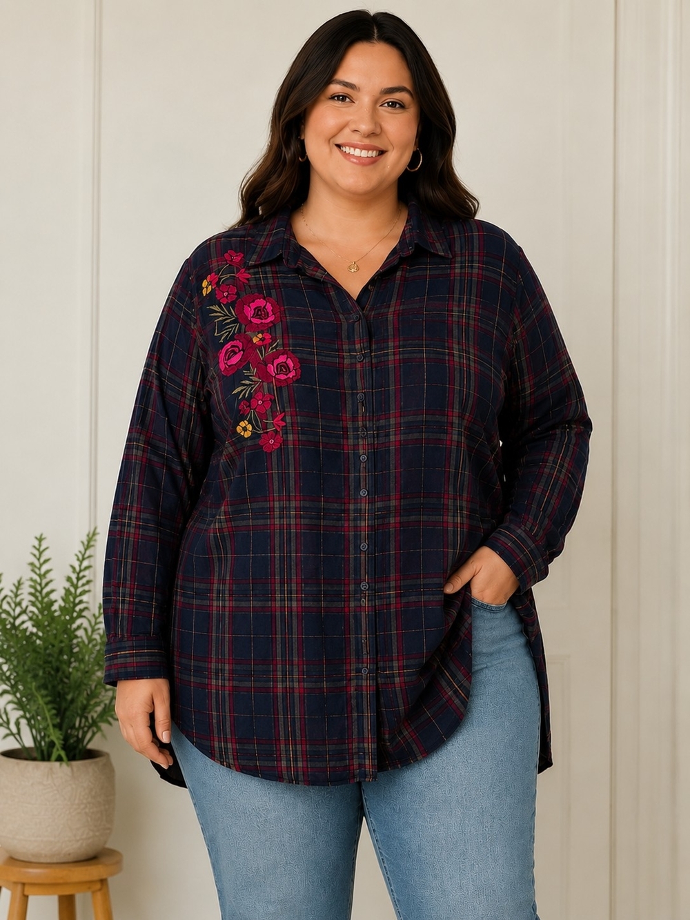 Love & Legend - Embroidered Floral Long Button Down Shirt